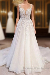 Long A-Line Tulle Backless Appliques Lace Sweetheart Wedding Dresses